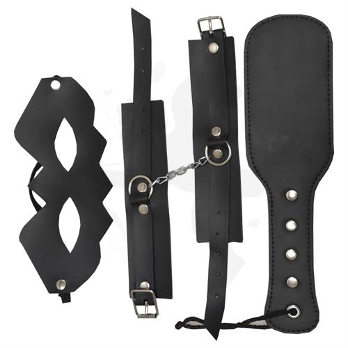 Kit de cuero Esposas + Antifaz + Fusta negro